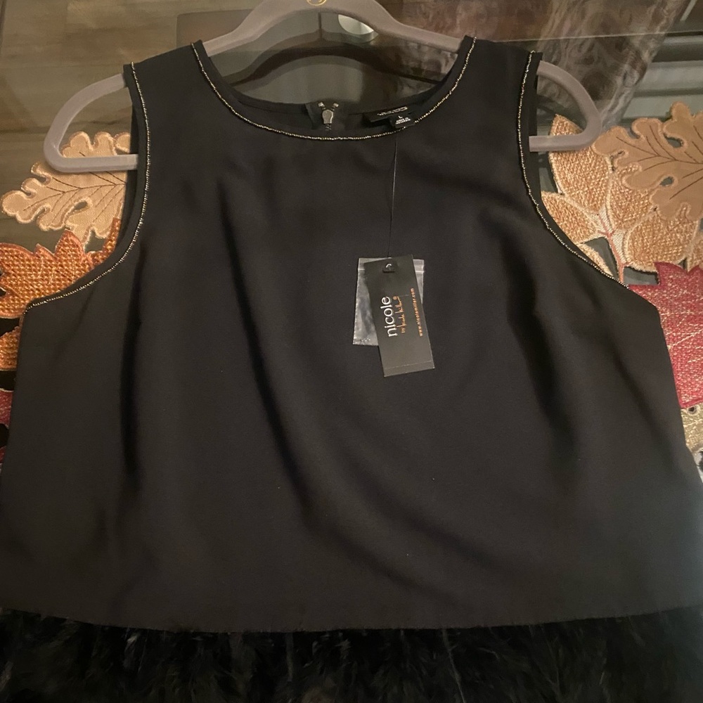 (NWT)🛍️NICOLE BY NICOLE MILLER 10 YR ANNIV SLEEVELESS BLOUSE-FEATHER TOP SZ LRG - Picture 3 of 14